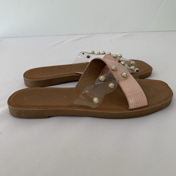 Jessica Carlyle Sandal Women 9 Pink Clear Strappy Slip On Pearls Preppy Beach - Picture 2 of 7